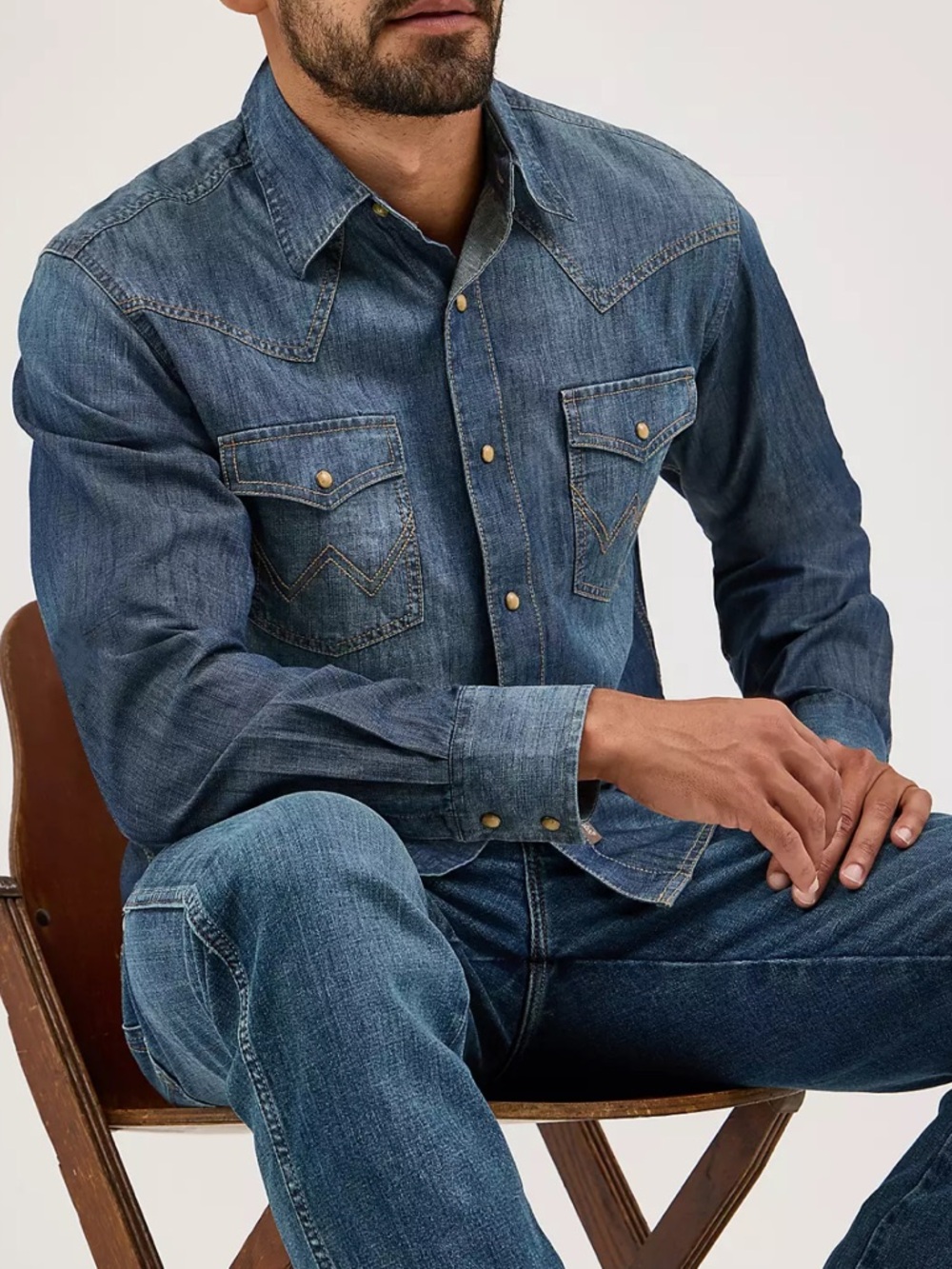 MEN'S WRANGLER RETRO® PREMIUM LONG SLEEVE DENIM WESTERN SNAP SHIRT 100%Cotton